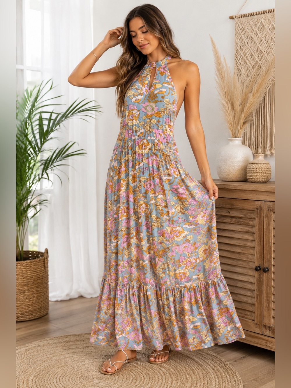 Halter Floral Maxi Dress in Pink, Mustard & Gray